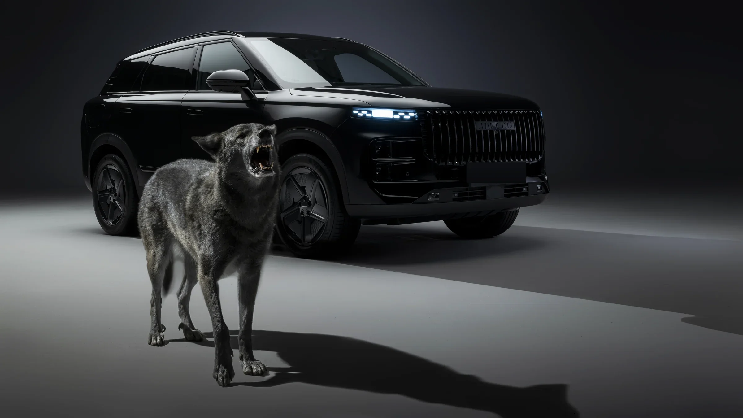 A wolf stands in front of the Jaecoo J7 Black Edition in a dark studio